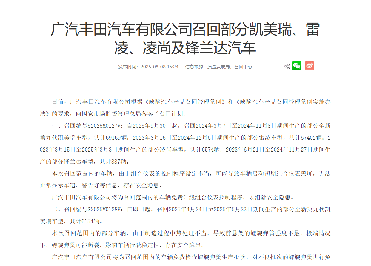 廣汽豐田召回超14萬輛隱患車型,凱美瑞成“召回大頭”?